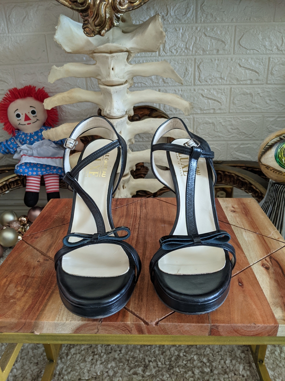 le chateau Black T-Strap Platform Heels with Bow Accent